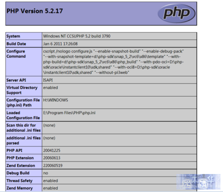 计算机生成了可选文字: PHPVersion5.2.17 System BUildDat6 Configure COmmand S6FVerAPI VirtualDirectory Support ConfigurationFIIe (php.ini)Path LOad6d COnfigurationFile SC日nthisdirfor additional.inifiles additiona!.inifil6s parsed PHPAPI PHPEXtension Z.ndEXtension DebugBuild ThreadSafety ZendMemory WindowsNTCCSUPHP5.2build3790 jan6201117:26:08 cscript/nologoconfigure.js’一enable一snapshot一build"’一enable一debug一pack' 一with一snapshot一template二d:php一sdksnap_5_2Vc6X86template”一with- php一build=d:php一sdksnap_5_2Vc6x86php_build"”一with一pdo一oci=D:php- sdkoracleinstantclientlosdKshared’一with一ocis二D:php一sdkoracle instantclient10sdKshared"”一without一pi3web" ISAPI enabled H入功月NDOWS E:ProgramFilesPHPphp.ini (none) (none) 20041225 20060613 220060519 nO enabled enabled